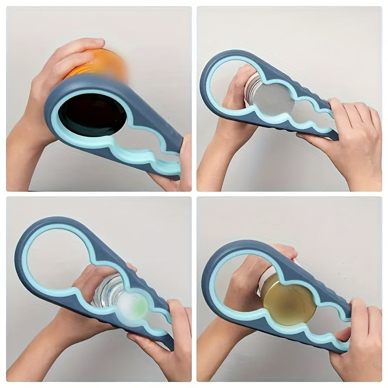 Versatile ergonomic can opener with anti-slip grip for home kitchen use. Also functions as a manual jar and bottle cap opener.