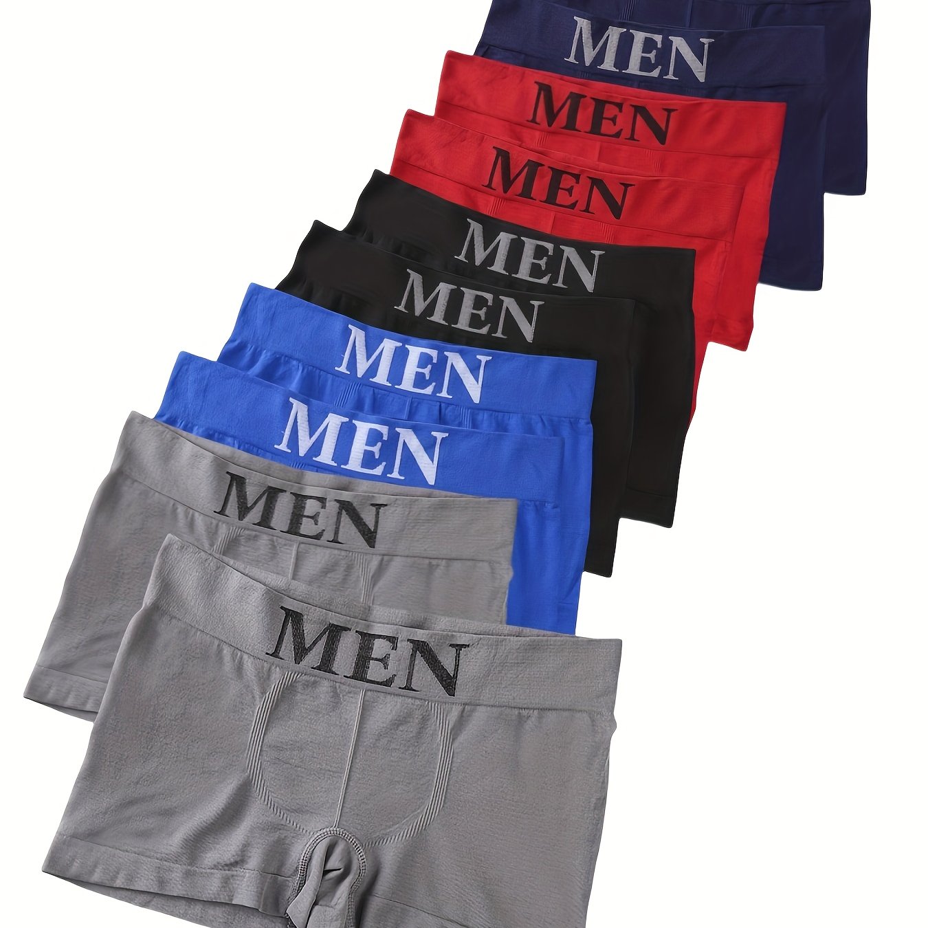 10-Pack Men's Seamless Boxer Briefs made of Modal (90%) and Spandex (10%) high stretch knit fabric with an Alphabet pattern, for breathable comfort fit and casual wear.