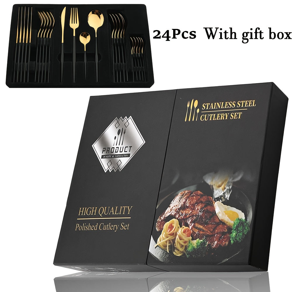 24-piece black handle gold cutlery set made of stainless steel for kitchen or dining use, perfect for gifting.