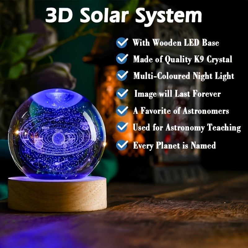 Luminous wooden base crystal ball for Solar System - Ideal gift for special occasions| Modern home and office decor.