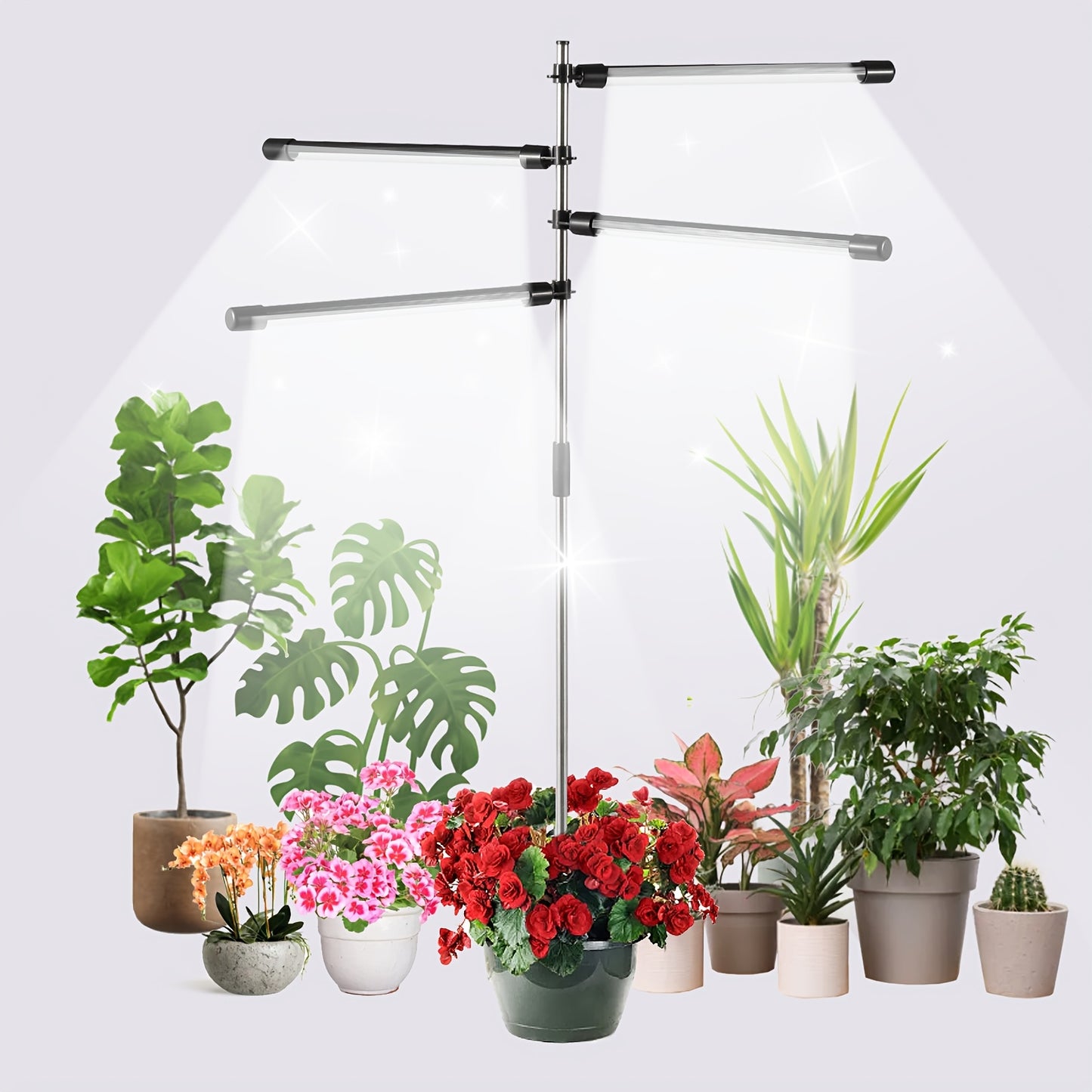 LED Plant Light with Full Spectrum for indoor plant growth, USB plug with 10 adjustable levels and automatic timer for 3, 9, and 12 hours.