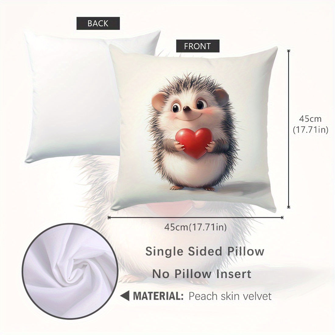 Hedgehog & heart print throw pillow cover, 44.96x44.96cm - Ideal for living room or bedroom decor. Made of machine washable polyester with zip closure. Insert not included.