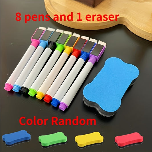 Set of 8 scratch-free erasable whiteboard pens, random colors. Includes easy-to-use eraser and magnetic markers. Ideal for office supplies.