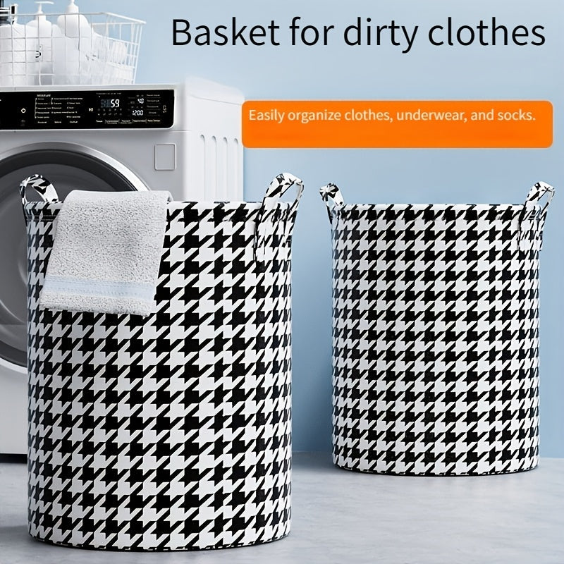 Large-capacity, foldable laundry basket made of non-woven houndstooth fabric. Perfect for organizing clothes and toys, this moisture-proof storage hamper can be used in the bedroom, bathroom, and even for moving and packing purposes.