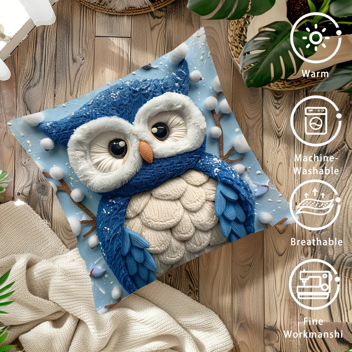 Christmas owl pillow cover, 44.96cm x 44.96cm, single-sided digital print, for sofa, living room, bedroom decoration - no pillow insert included.