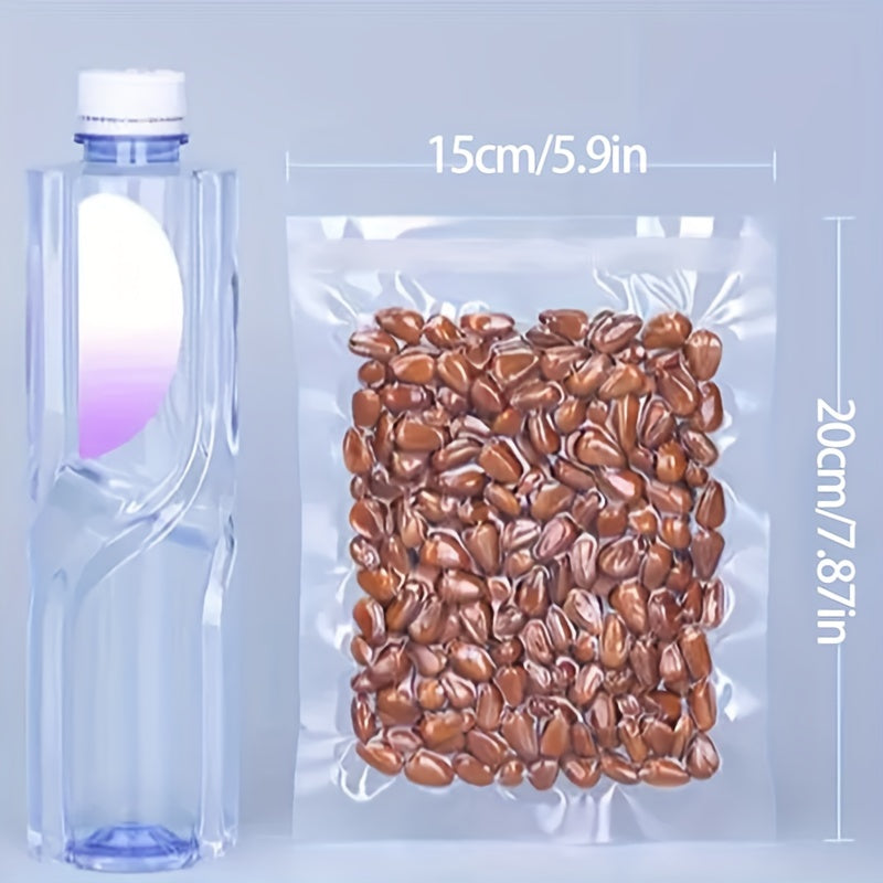 100 vacuum sealed food bags made of silk and transparent polyester nylon material. These bags are designed for vacuum compression and plastic sealing to keep food fresh. They have a glossy commercial finish.