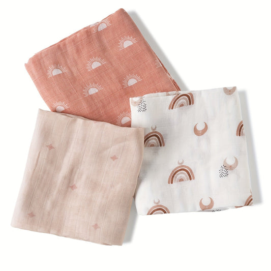 3-Pack of Bamboo Fiber Baby Muslin Swaddle Blankets, Breathable and Soft Gauze Handkerchiefs, Machine Washable, Multi-Functional Nursing Cover and Burp Cloth for Babies from Newborn to 3 Years - Size: 70x70cm