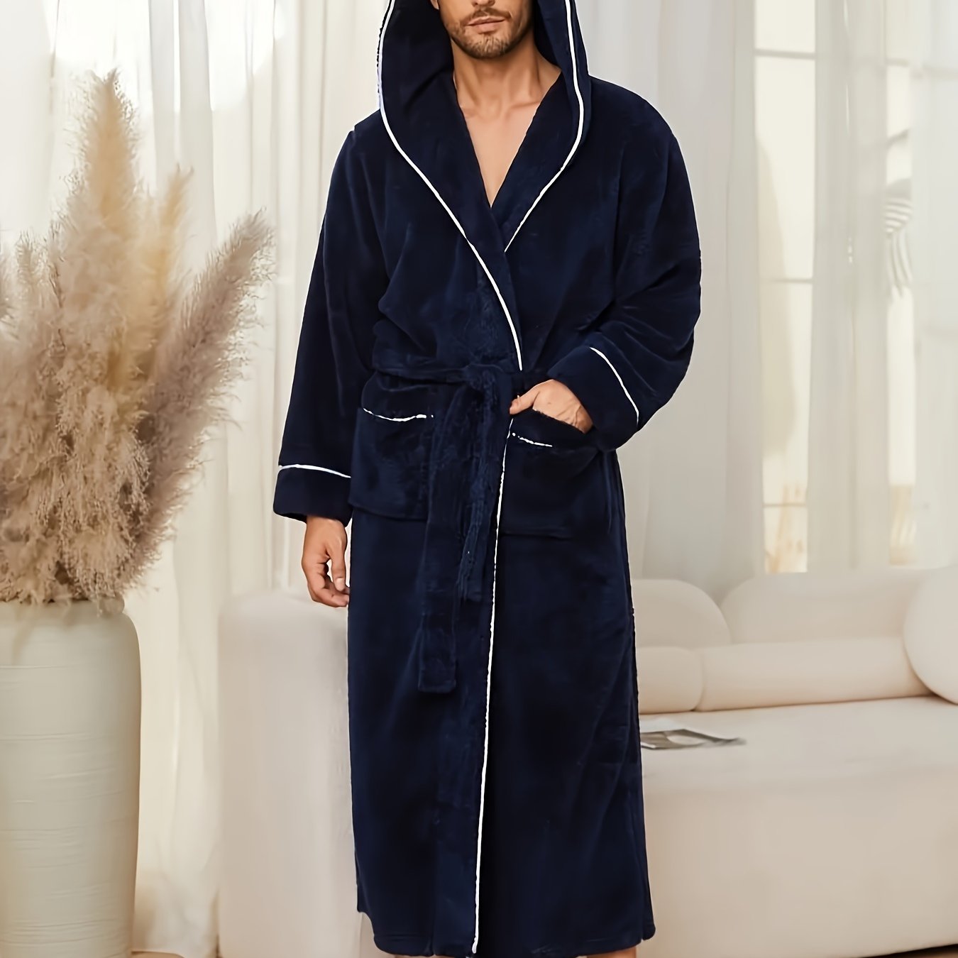 Soft and comfortable black fleece bathrobe with color-block design for men, featuring a hood, long sleeves, and belt detail. Suitable for home and hotel use, machine washable.