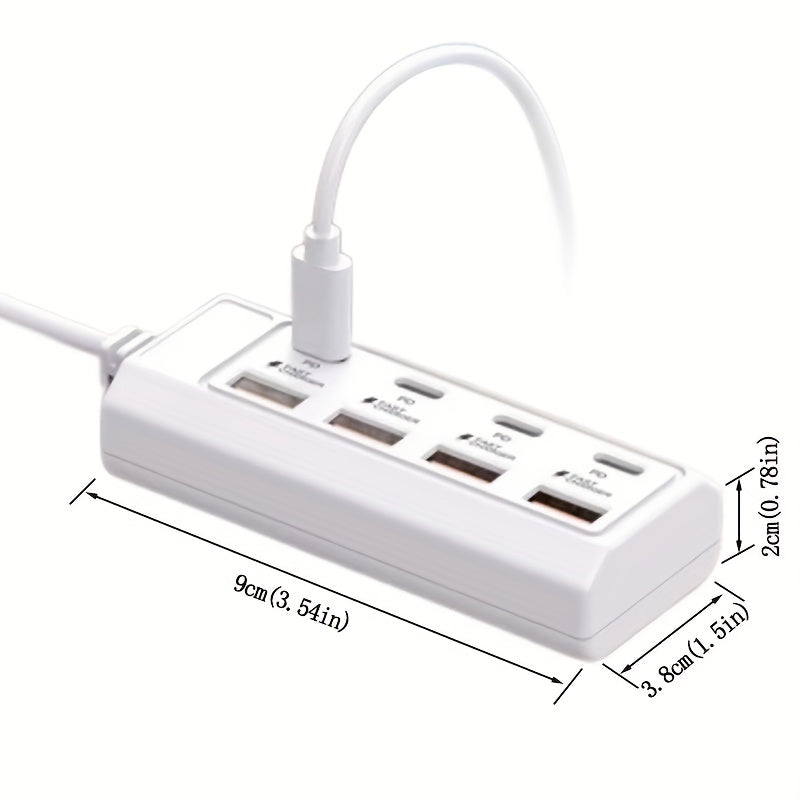 8-port USB adapter with 4 USB and 4 PD ports, 25W fast charging hub compatible with various USB devices and suitable for 5V devices like computers, laptops, and tablets.