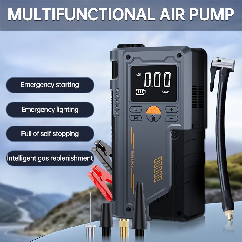 Inflatable emergency appliance with digital display, car battery booster, USB charging, for emergency car starts and tire inflation. Suitable for vehicles, bicycles, motorcycles, balls