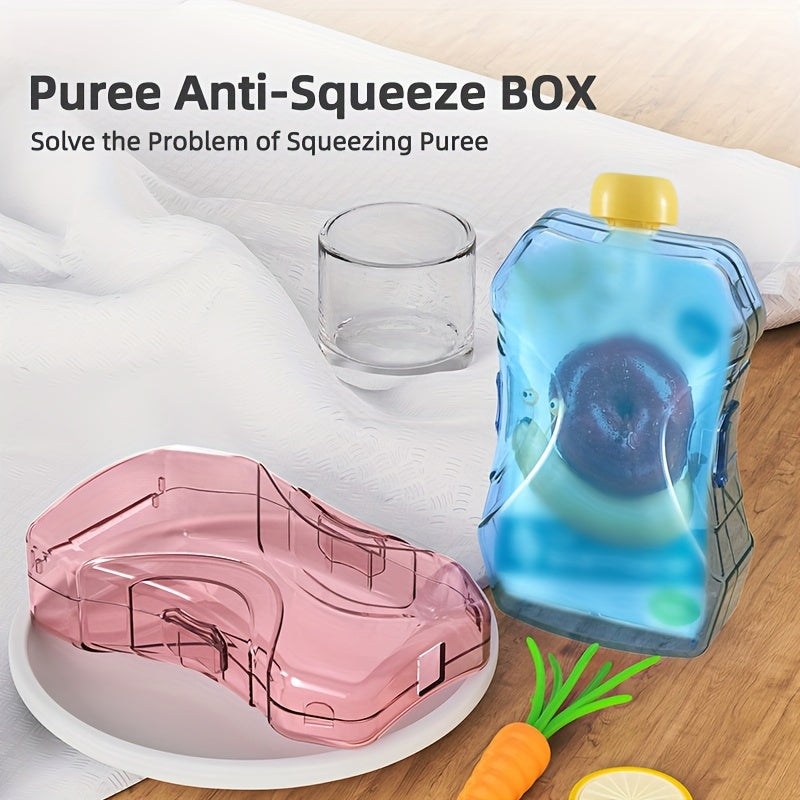 Holder for baby food pouches and juice boxes that prevents spills and can be easily flipped.