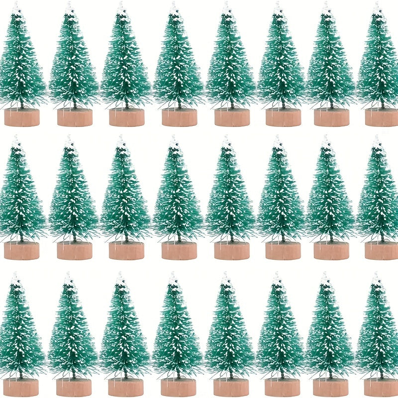 12 Mini Christmas sisal Snow Frost Trees with wooden bottle brush base for festive home decor.