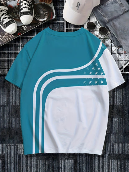 Men's casual round neck t-shirt with 3D geometric pattern, made of polyester, regular fit, featuring stretch knit fabric and novelty design.