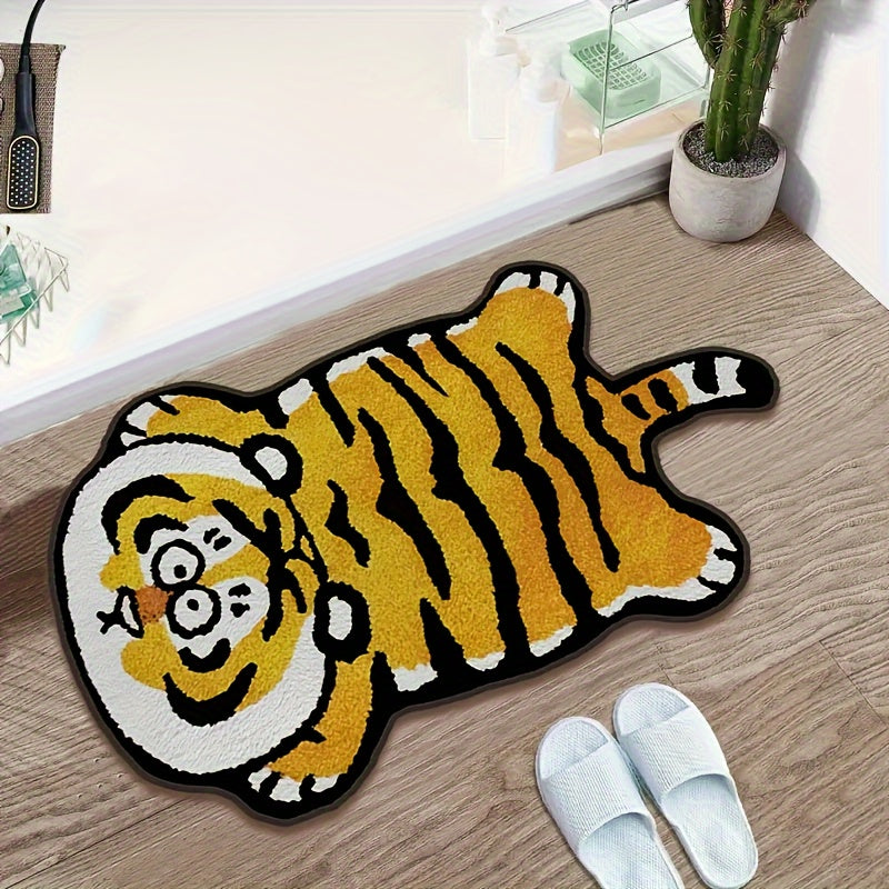 Upgraded ultra-fine thickened short fleece non-slip floor mat featuring a cute little tiger pattern in brown. This special-shaped microfiber mat is both absorbent and non-slip, making it perfect for both indoor use and as a toilet door mat. It is machine