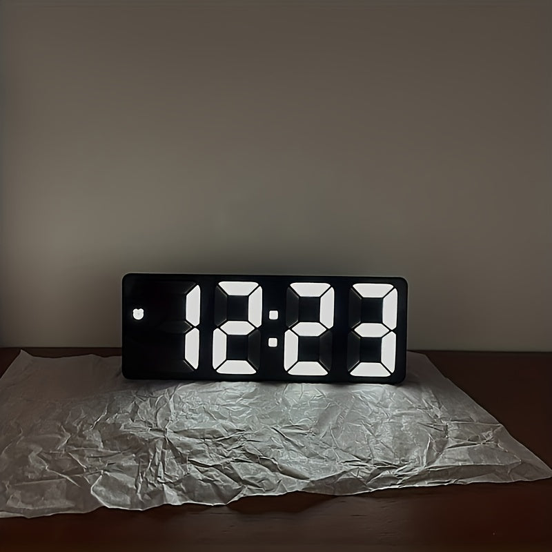 Smart LED desk alarm clock with voice control, silent alarm, snooze function, and wake up alarm.