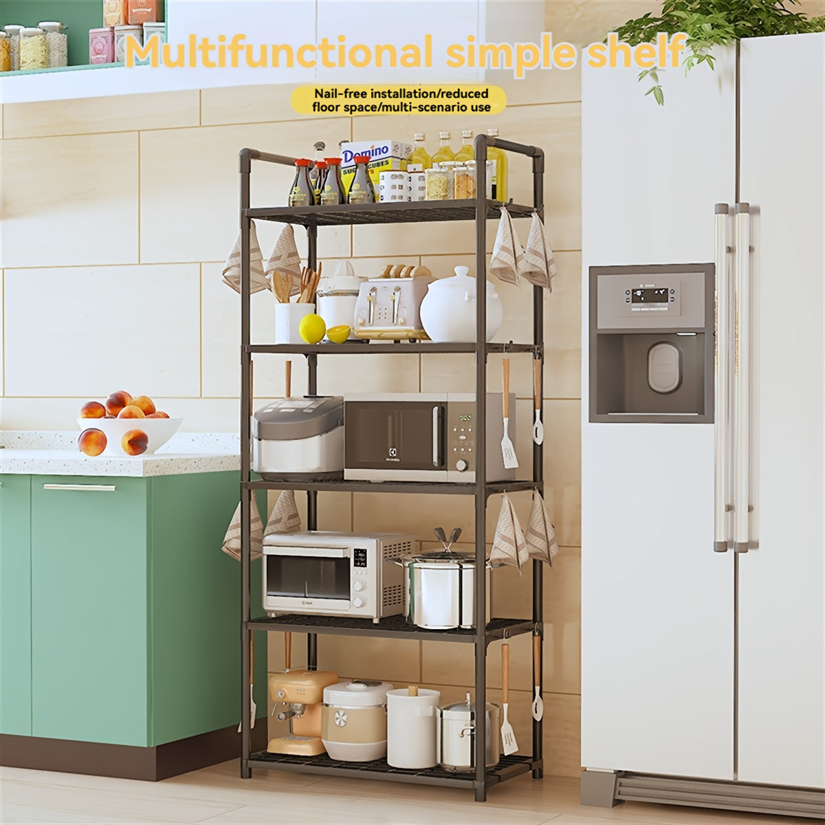 4-Tier Storage Rack Set with Versatile Uses - Simple Assembly, Constructed with Galvanized Metal & Plastic, Compact and Portable for Organizing Kitchen and Bathroom Items.