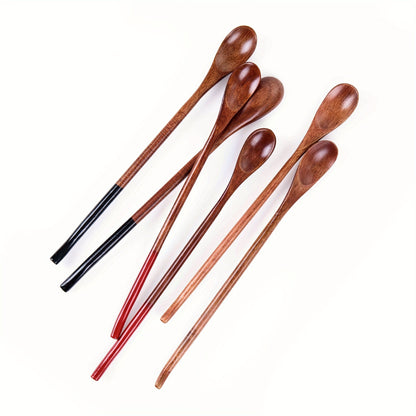 Long handle log coffee spoon set, including stirring spoon, honey spoon, small spoon, and wooden mouth spoon.