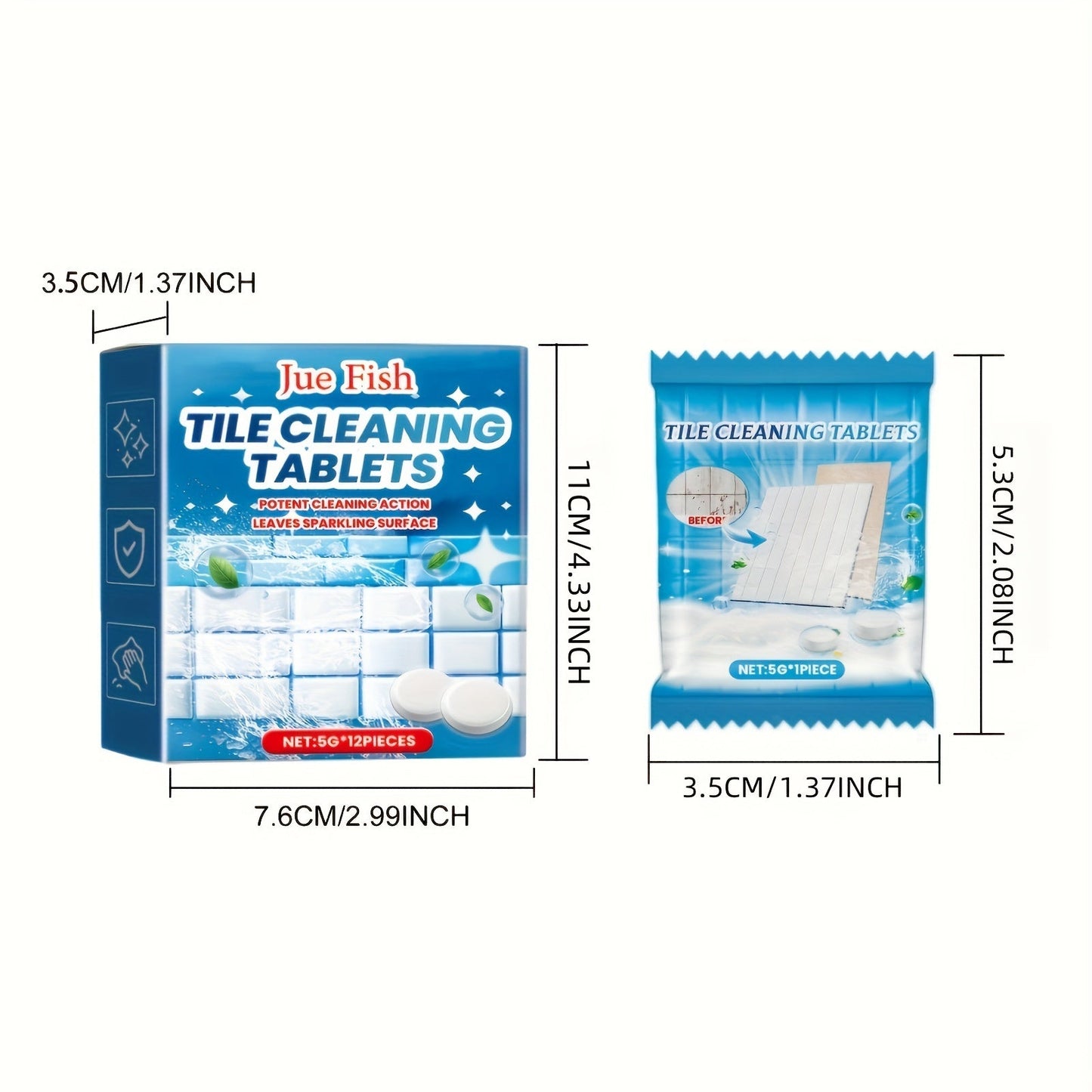 Effervescent tablets for cleaning tiles, suitable for use in the home, kitchen, toilet, washbasin, and walls. Effectively removes grime and scale, leaving tiles clean and bright.