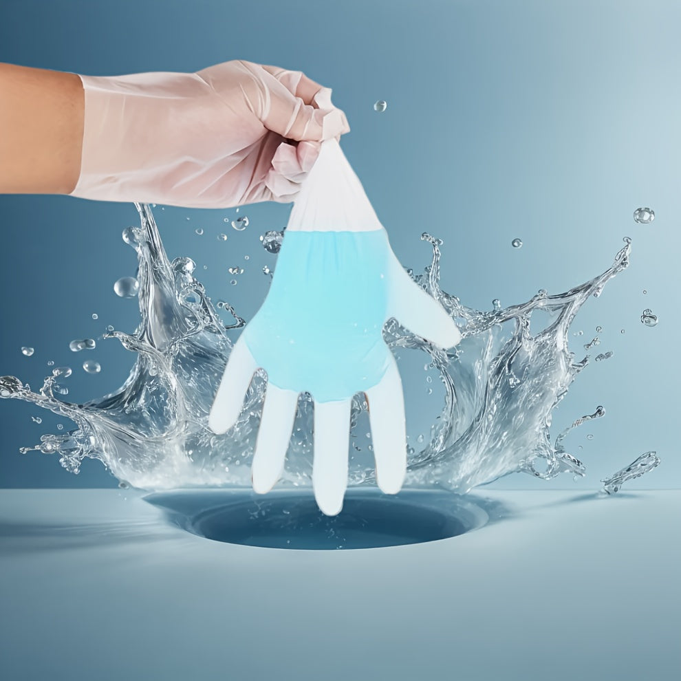 100 pieces of versatile disposable gloves made from thick, transparent TPE material ideal for use in the kitchen, baking, cleaning, and more. These gloves are lead-free and waterproof, making them essential for household tasks.