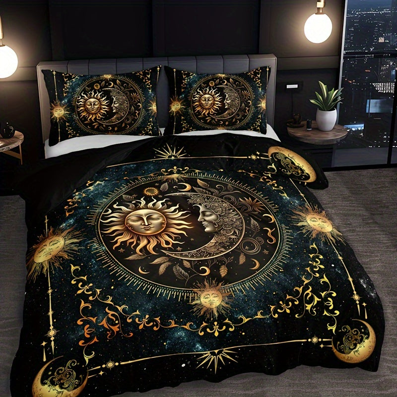 Golden Astrological Design 3 Piece Sun and Moon Celestial Digital Print Duvet Cover Set made of 100% Polyester. Machine Washable, Breathable Fabric for All-Season Comfort. Set includes 1 Duvet Cover and 2 Pillowcases (No Insert). Perfect Christmas