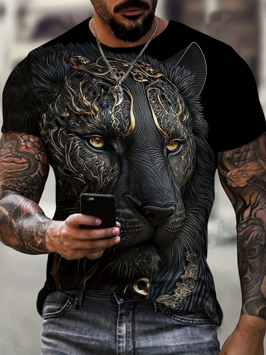 Tiger print tee for men in plus size, great for urban walks and outdoor events.