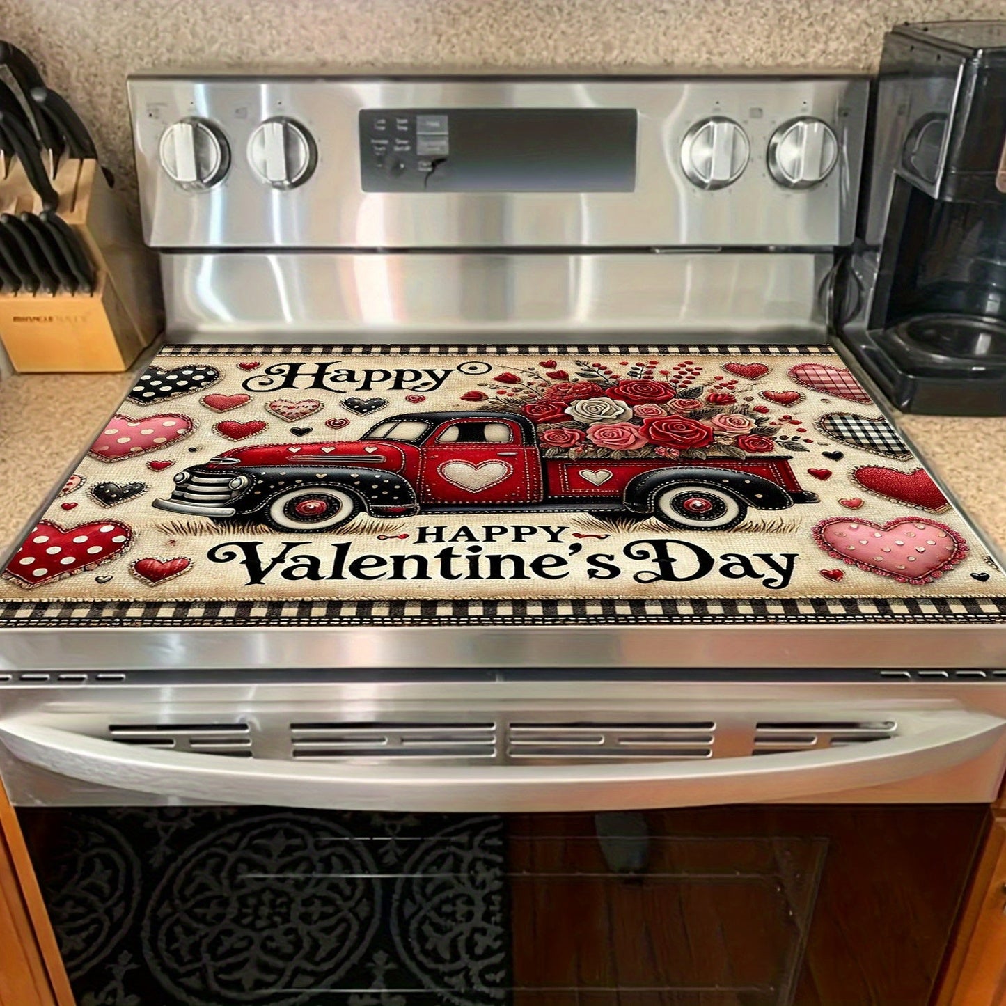 Upgrade your kitchen with a stylish Valentine's Day themed stove panel protector featuring a red truck and heart design. This durable polyester protector is heat and scratch resistant, easy to clean, and perfect for keeping your stove top looking great.