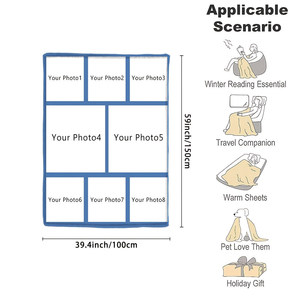 Customize your cozy flannel blanket with a personal photo! This soft and warm memory blanket is perfect for couples or families and is ideal for use in the office, bed, sofa, armchair, napping, camping, or travel. The machine washable blanket features a