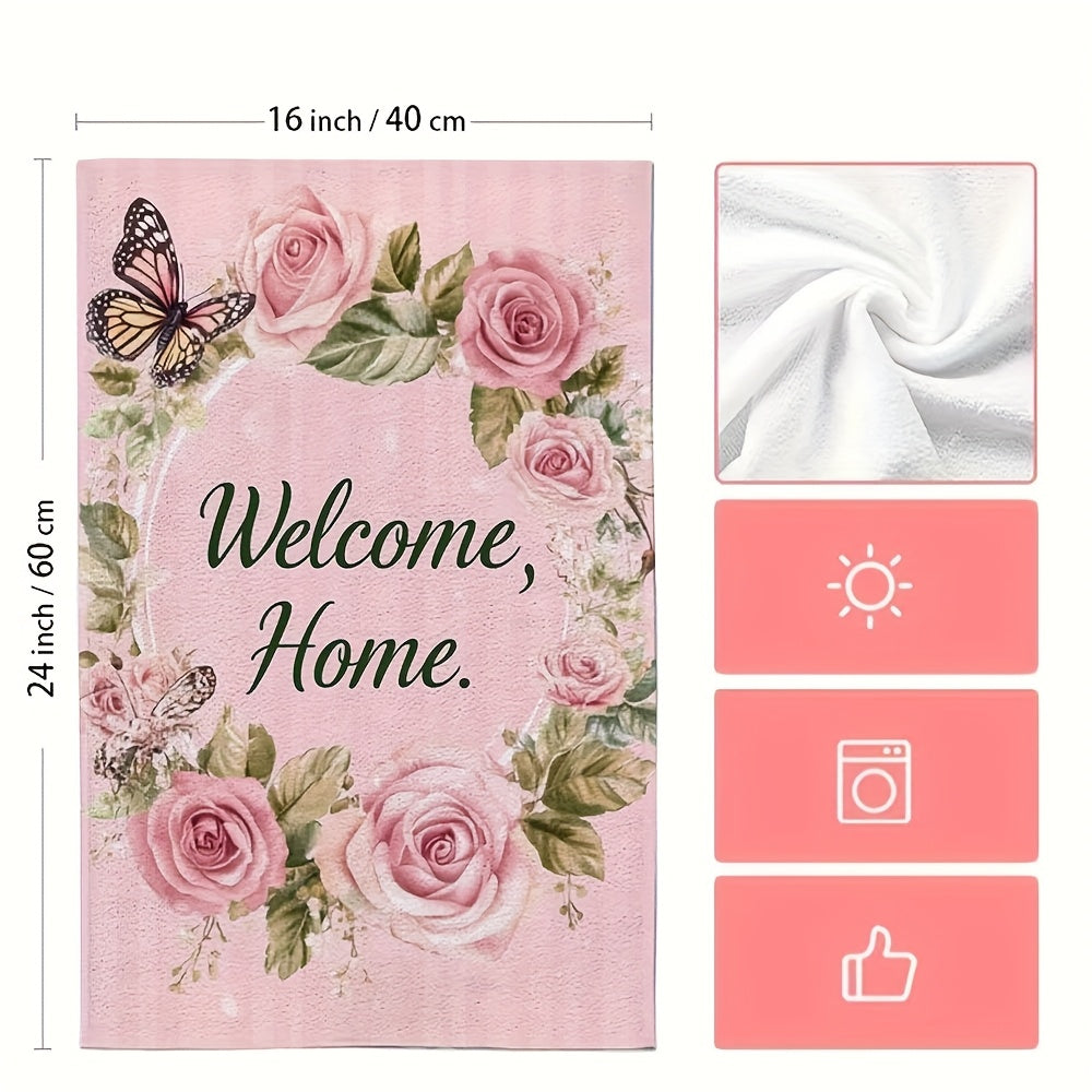 Set of 2 Ultra Soft Kitchen Towels - "Welcome HOME" Pink Design featuring Roses & Butterflies, Exceptionally Absorbent & Easy to Clean Dish Hand Towels, Perfect for Holiday Decor, Size: 40.64x60.96 cm, Dish Towels