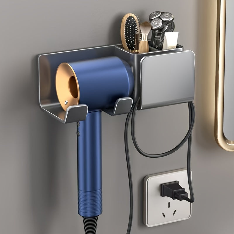 Durable Plastic Wall-Mounted Hair Dryer Holder with Storage - Space-Saving Design, No Electricity Required, Ideal Bathroom Accessory