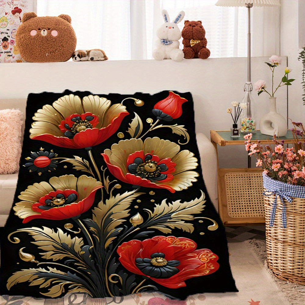 Soft and Comfortable Floral Printed Fleece Throw Blanket featuring a Golden and Red 3D Floral Design. Perfect for use in the Living Room, Bedroom, Sofa, or even on a Picnic. Made with Durable Polyester Fabric, this blanket is suitable for All-Season Use.