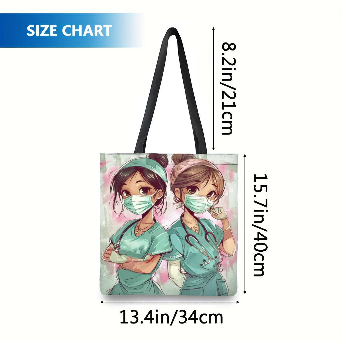 Large capacity shoulder bag with a cute cartoon nurse print, ideal for shopping.