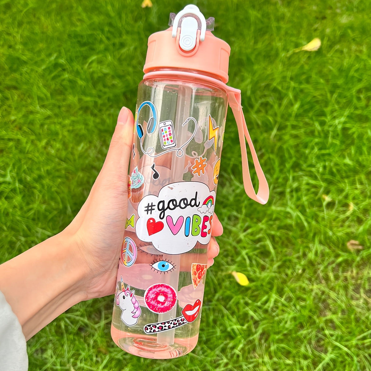 1 Cute Cartoon Print Water Bottle with Leak-Proof Flip Top, Hand Wash Only. Ideal for Outdoor Activities.