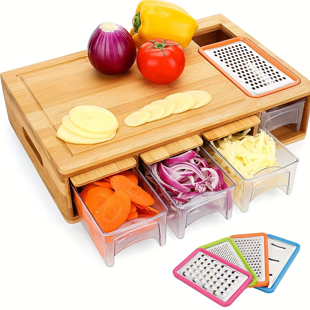 Bamboo Chopping Board with Drawer Containers, Graters, and Juice Grooves - Kitchen Organizer with Storage, Easy to Clean, Food Safe Wood Board with Handle Design