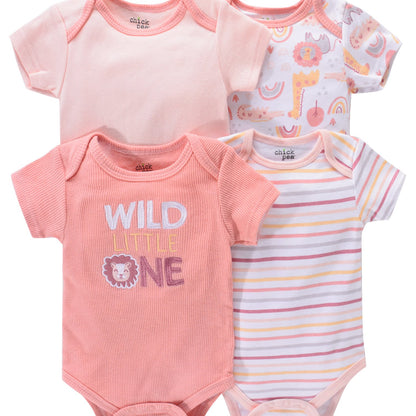 4-piece set of newborn short sleeve one-piece suits with alphabet print and embroidery. Suitable for babies aged 0-9 months.