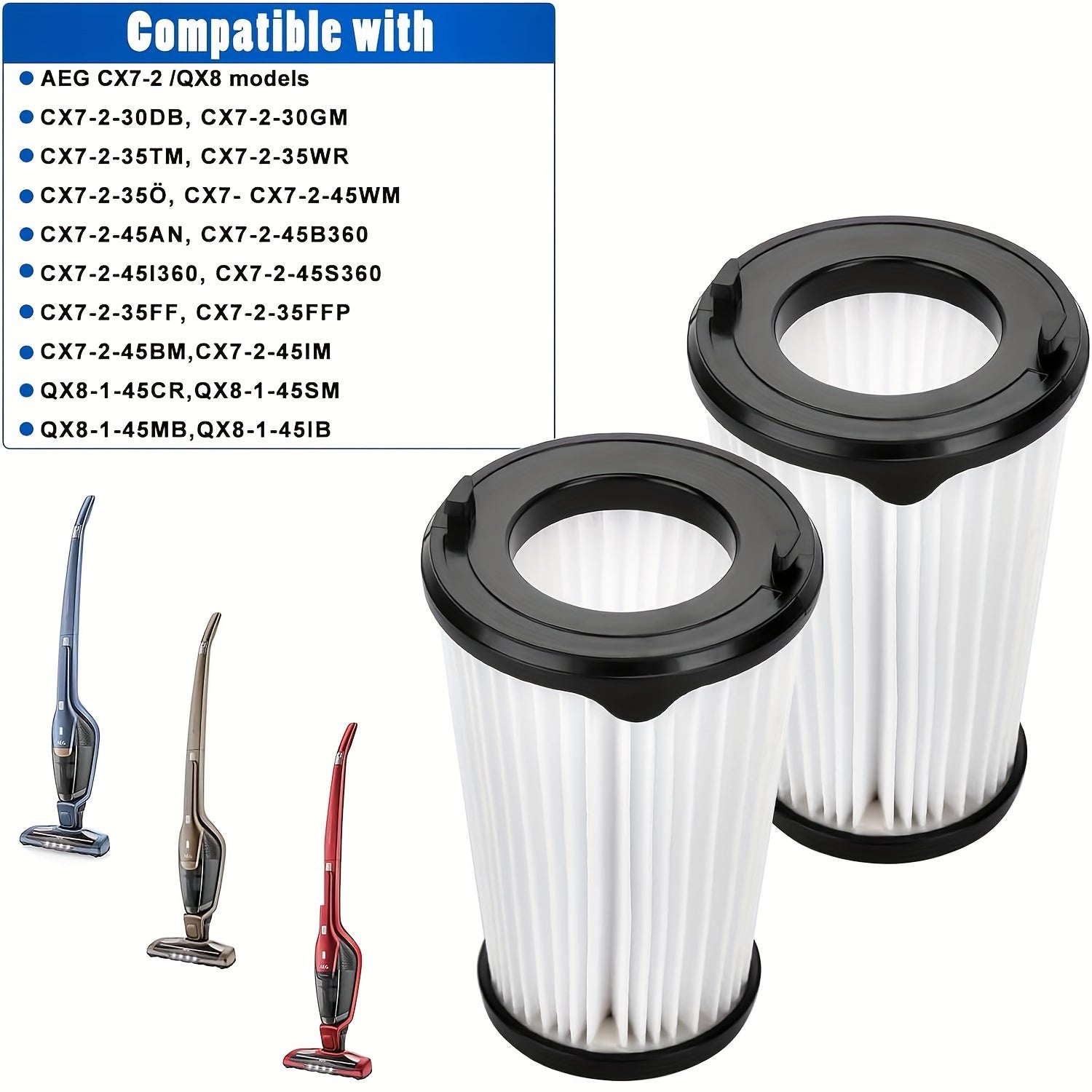 Pack of 6 filters for AEG Ergorapido battery handheld vacuum cleaner accessories. These AEF150 CX7 Flexibility Animal replacement filter parts are compatible with all CX7-2 and QX8 Animal X Power models, including CX7-2-45an, CX7-2-i360, and CX7-2-s360.