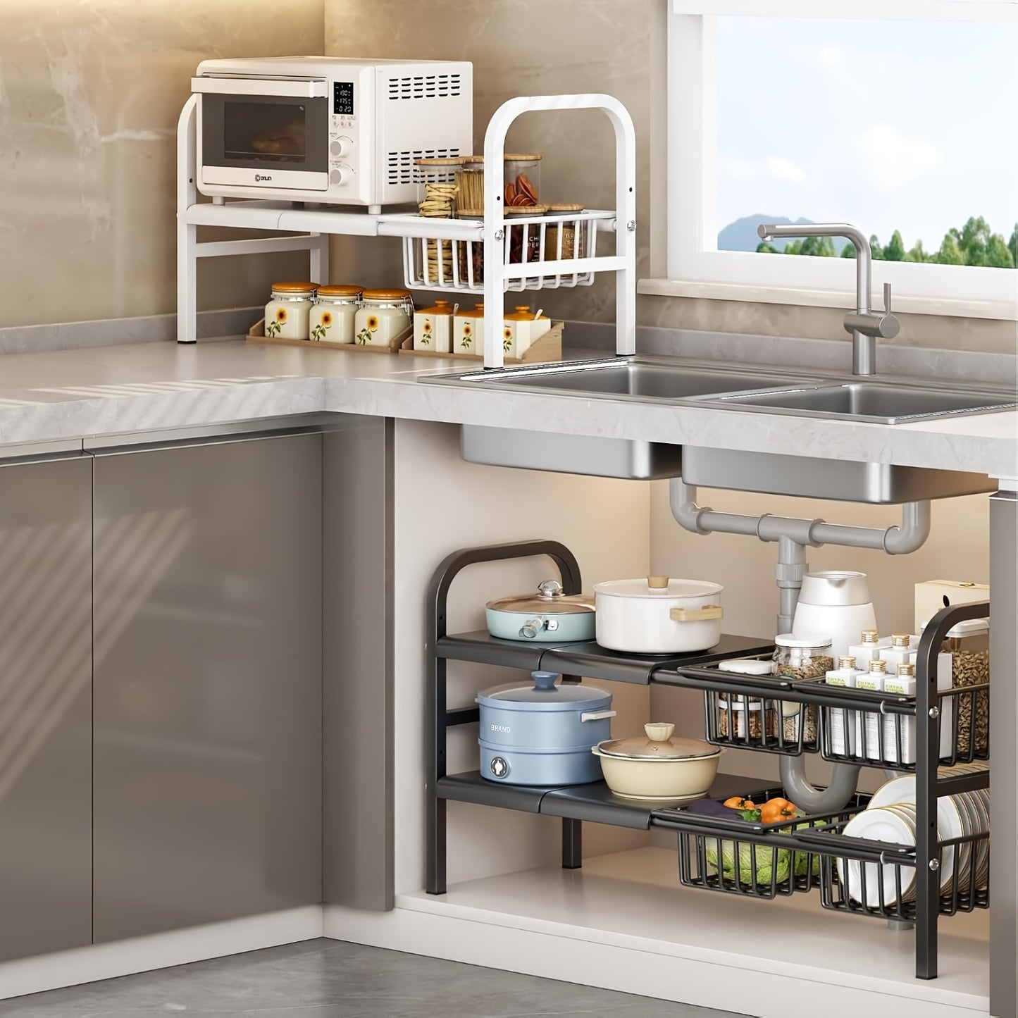 Modern black metal storage rack set with removable baskets for kitchen and bathroom organization. Multi-tier design for efficient space utilization.