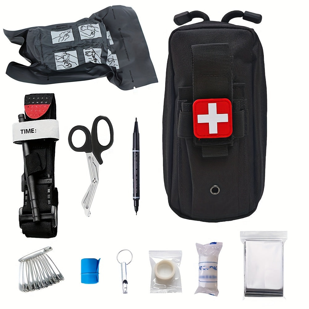 Emergency outdoor adventure equipment set with medical bag, first aid survival kit, tourniquet bag, and camping supplies.