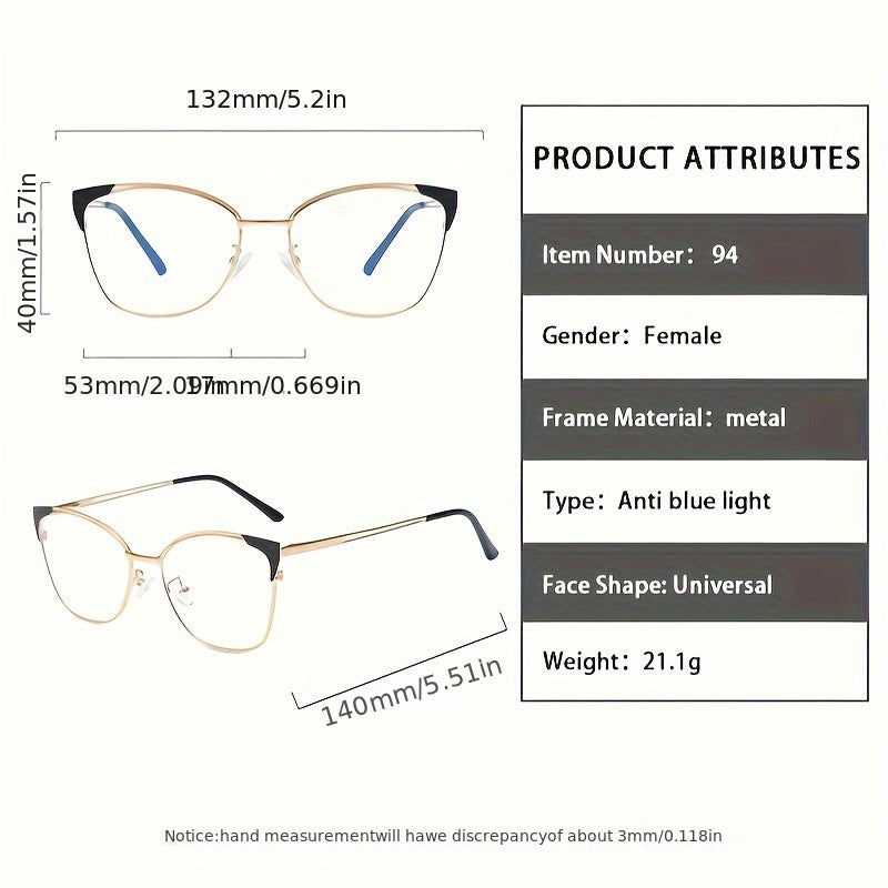 Women's fashion cat eye blue light blocking glasses with metal frame, oval shape, chic design, non-prescription, includes shell case, universal fit.