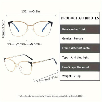 Women's fashion cat eye blue light blocking glasses with metal frame, oval shape, chic design, non-prescription, includes shell case, universal fit.