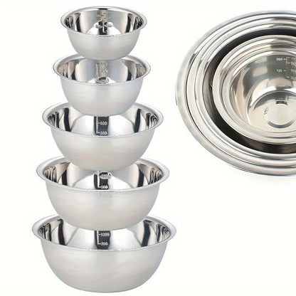 Set of 5 Stainless Steel Mixing Bowls with Measurements - Features Mirror Finish, Dishwasher Safe, and Deep Sides for Salad and Kitchen Applications