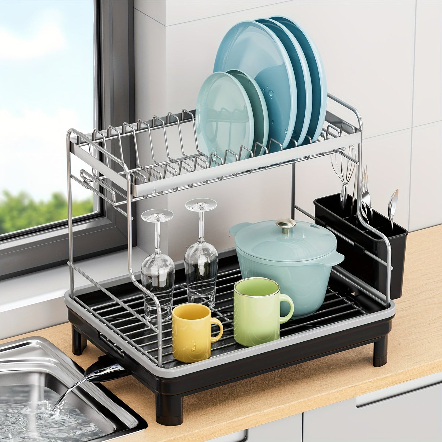 Multipurpose 2-Tier Metal and Plastic Dish Drying Rack with Drain Tray, Swivel Spout, and Sink Caddy - Countertop Storage Organizer for Dishes, Cutlery, Pots, Dish Brush, and Sponge Holder, Ideal for Kitchen and Bathroom Accessories