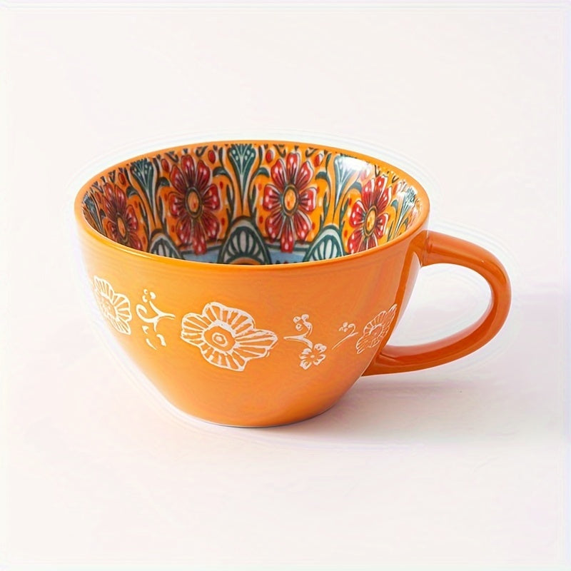 15oz Bohemian style ceramic mug with handle for latte, tea, coffee, cappuccino, cocoa, soup, and oat.