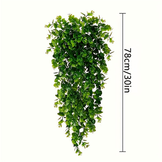 2 artificial hanging plants for home decoration, perfect for Spring Festival or wedding decor both indoors and outdoors. Features fake eucalyptus vines in green pots.