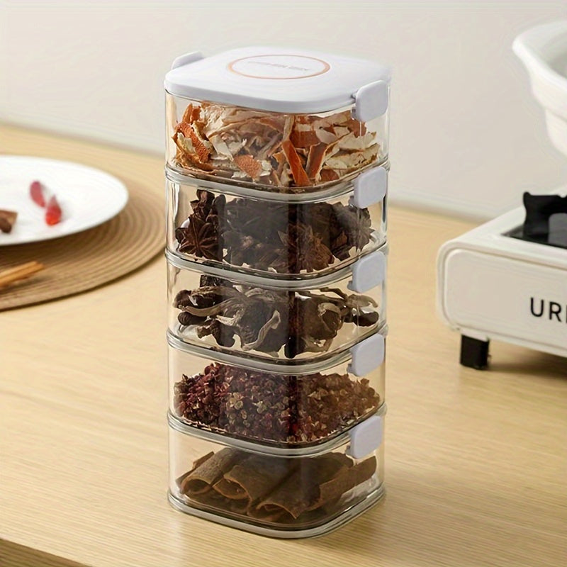 Set of stackable airtight containers with lids made of PET material, BPA-free and safe for storing food. Organize your kitchen with these removable seasoning boxes for spices, herbs, and condiments. Versatile containers for multiple uses.