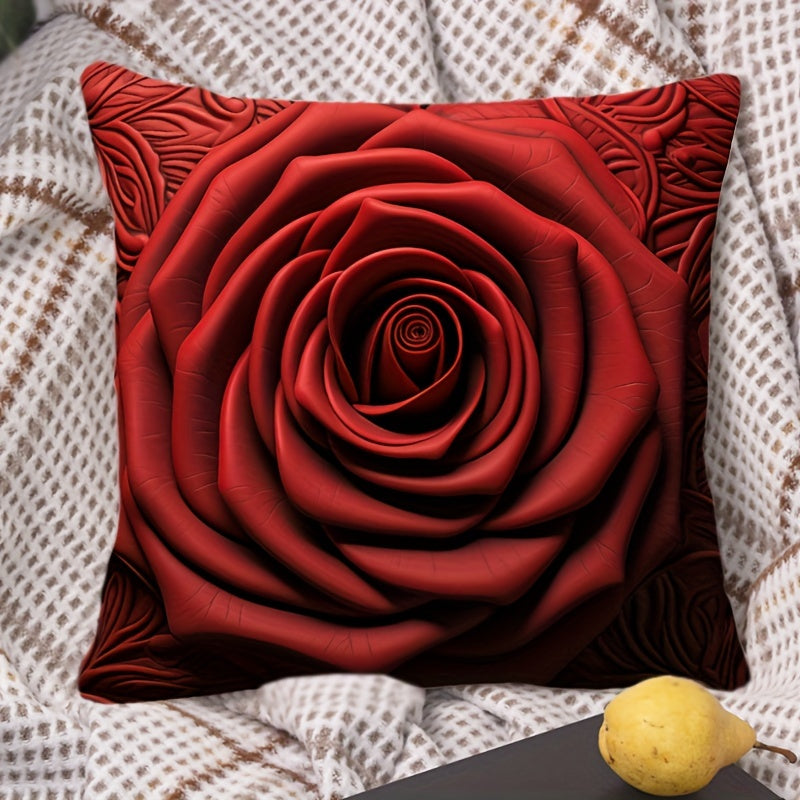 Valentine's Day themed red rose pillow cover with floral heart design. Polyester blend, zippered cushion case for sofa, bed, or office chair. Hand wash only. Contemporary style home decor.