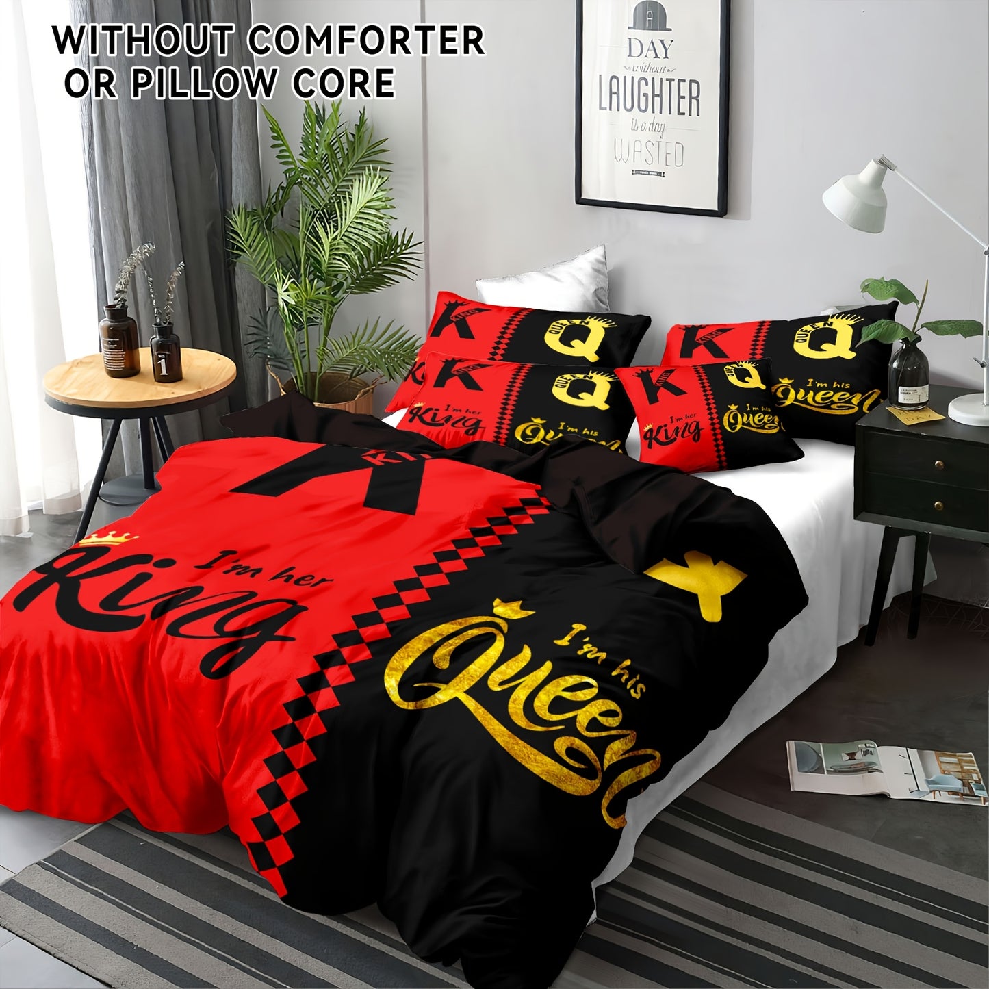 King & Queen Crown 3pcs Duvet Cover Set - Soft Breathable Polyester, Zipper Closure - Includes 1 Duvet Cover & 2 Pillowcases, Machine Washable, Digital Print