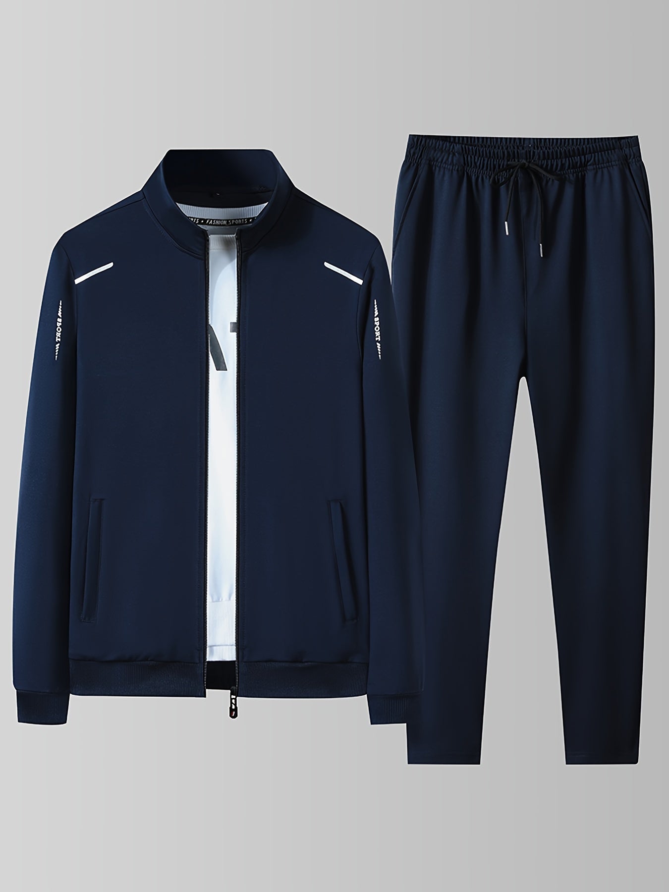 Men's athletic tracksuit with solid color zip-up stand collar jacket and casual loose pants.