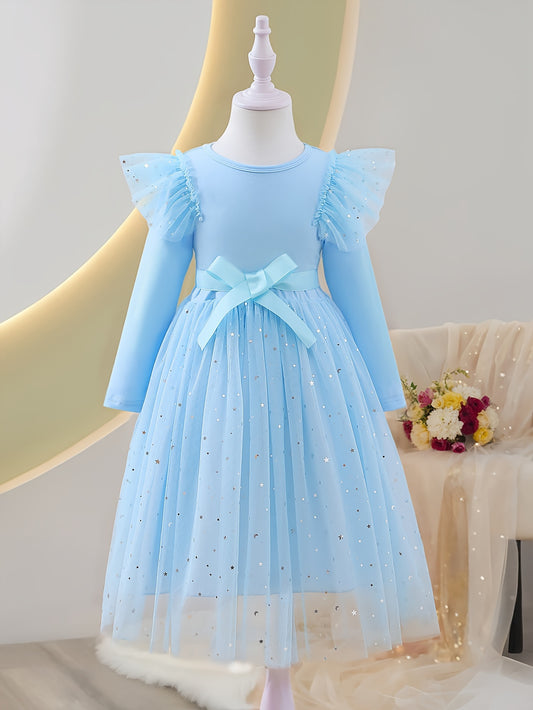 Coviviky Elegant Tulle Hem Long Sleeve A-line Dress for Girls, Perfect for Spring & Fall Parties, Casual Gift, Outdoor Wear