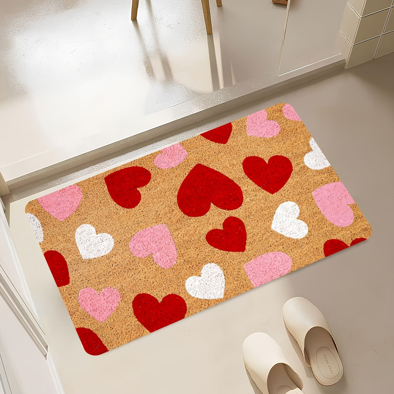 Valentine's Day Heart Door Mat - This machine washable, stain-resistant mat made of low pile polyester is perfect for indoor or outdoor use. Featuring a romantic red, pink, and white design, this easy-to-clean, machine-made rectangle rug is ideal for