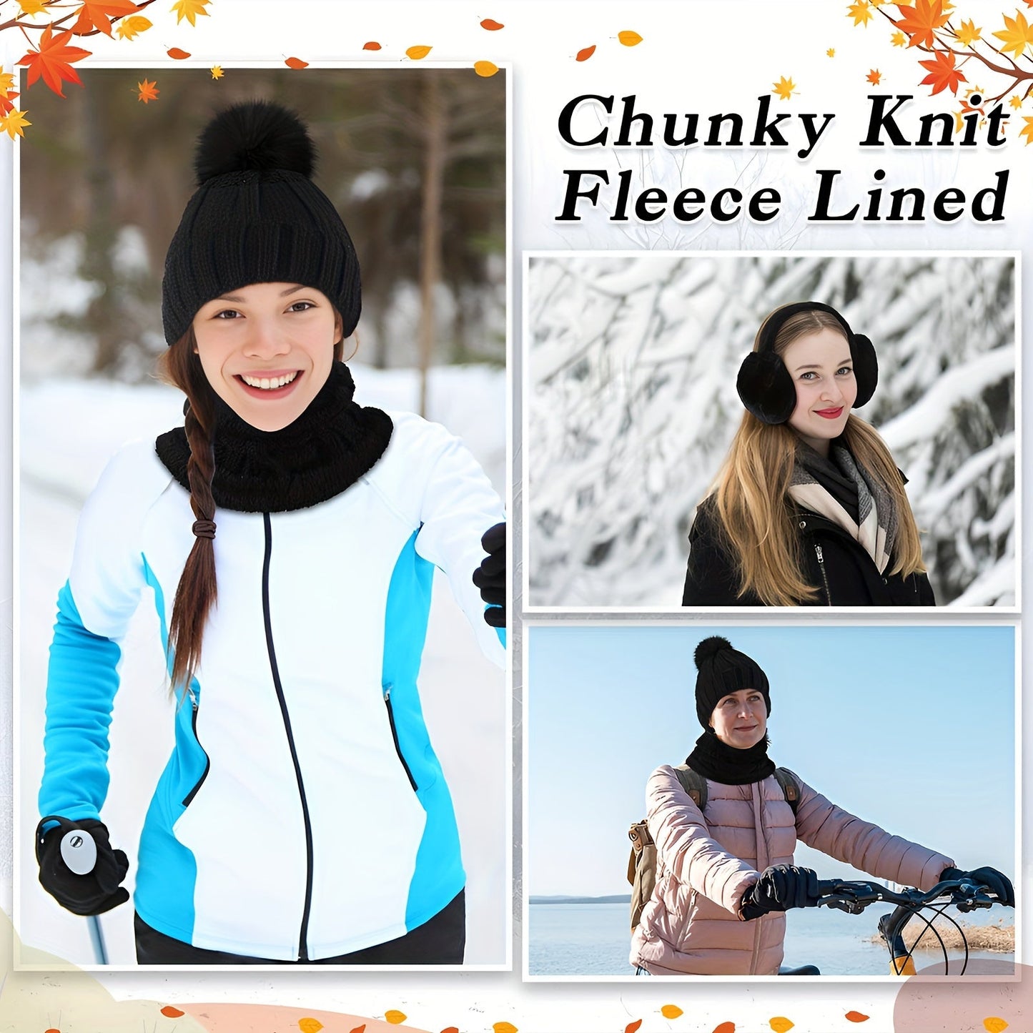 Winter Accessories Set for Women - Includes Polyester Knitted Beanie Hat with Pompom, Ear Warmers, Touch Screen Gloves, and Scarf - Perfect for Skiing and Outdoor Sports